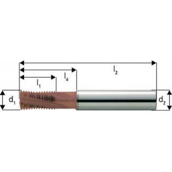 Fraise à fileter GFM en carbure monobloc, arrosage central, revêtement TiCN, Ø d1 : 12 mm, Pas 1,00 mm, Lames de l1 20 mm, Pour Ø filetage : 16 mm