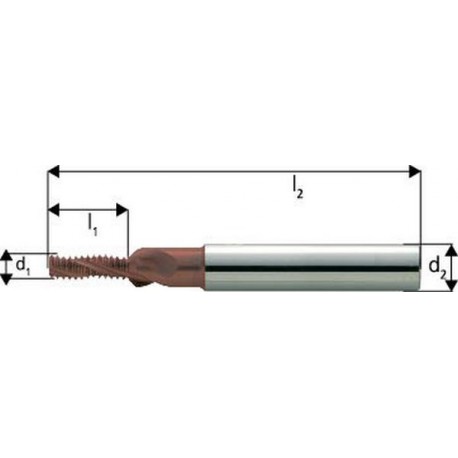 Fraise à fileter GFS en carbure monobloc, arrosage central, 2 x d, revêtement TiCN, Filetage : M8, Pas 1,25 mm, Lames de l1 18,1 mm