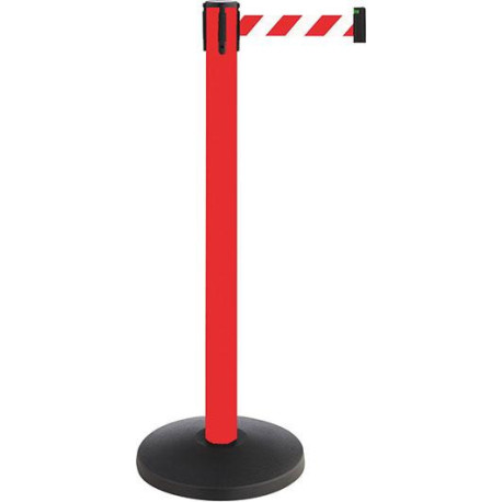 Poteau de barrage en métal. rouge. Longueur de la sangle : 3 m Sangle : rouge-blanc. rayé diagonal