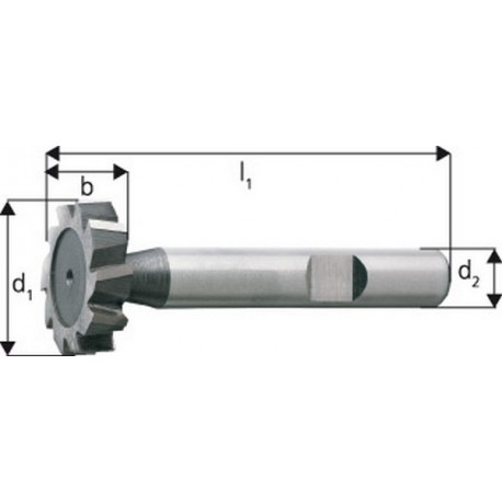 Fraise pour rainures en T - une taille, Ø x Larg. : d1h 11 x b e8 : 19,5 x 3,0 mm, Long. totale l1 63 mm, pour clavette-disque 3,0 x 7,5 mm