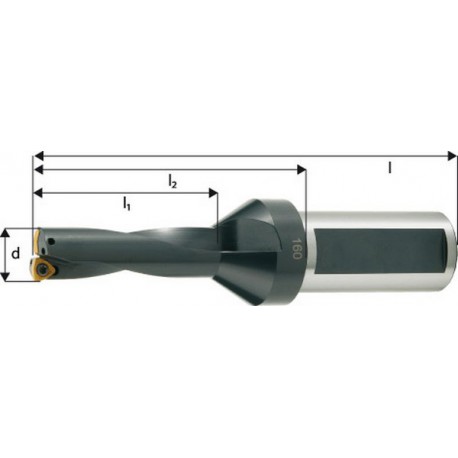 Foret plein pour plaquettes à arrosage central, Ø d : 22,5 mm, Dimensions l1 69,5 mm, Dimensions l2 99,5 mm, Dimensions l : 153,5 mm, Ø queue h 6 : 25 mm