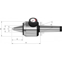 Pointe tournante à pointe allongée et indicateur de pression, Taille : 505, MK 5, A 177,5 mm, B : 95 mm, D : 40 mm, G : 44,399 mm, J : 15 mm, K : 66,0 mm