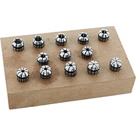 Jeu de pinces de serrage sur socle en bois, Capacité de serrage : 2-16 mm, Pince de serrage type ER25, Contenu 15 éléments