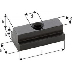 Ecrou pour rainures en T, modèle long, d x rainure en T : M16 x 18, Cote a 17,7 mm, Cote e 28 mm, Cote l : 56 mm, Cote h : 20 mm, Cote k : 10 mm