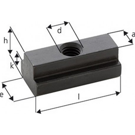 Ecrou pour rainures en T, modèle long, d x rainure en T : M16 x 18, Cote a 17,7 mm, Cote e 28 mm, Cote l : 56 mm, Cote h : 20 mm, Cote k : 10 mm
