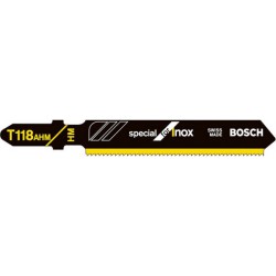 Lames de scie sauteuse pour INOX, coupe droite fine, Réf. Bosch : T 118 AHM, Qualité de lame de scie Carbure, Long. totale 83 mm, Pas de dents : 1,1 mm