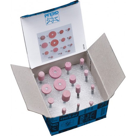 Assortiment de meules sur tiges, en corindon raffiné, Quantité : 15 pièces, Acier recommandé