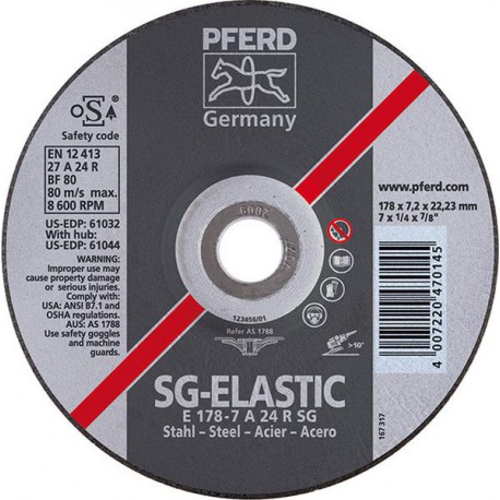 Disque à ébarber SG-ELASTIC pour l'usinage de l'acier, Ø x Épais. : 230 x 8,3 mm, Modèle Coudé, Vitesse maxi. 6600 tr/mn