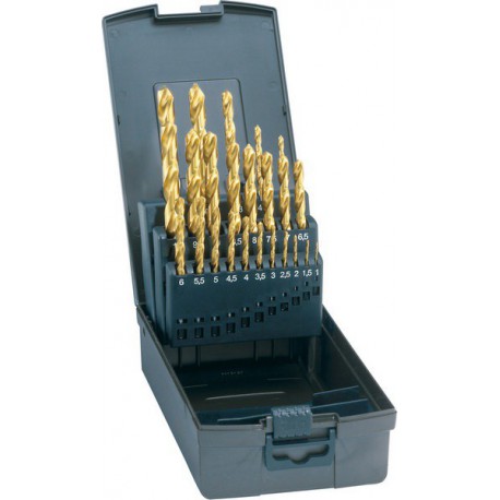 Jeu de forets hélicoïdaux, coffret plastique, acier à coupe rapide, type N, DIN 338, revêtement TiN, Ø h8 : 1,00-13,00 mm, Nombre de forets 25 pièces