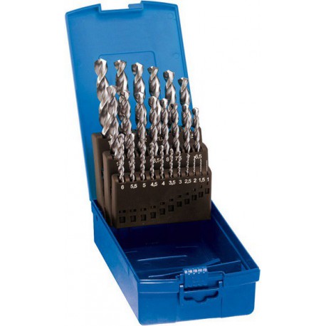 Jeu de forets hélicoïdaux, coffret plastique, en acier à coupe rapide à 5 % de cobalt, type Ti, DIN 338, surface sans revêtement, Ø h8 : 1,00-10,00 mm