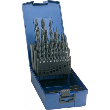 Jeu de forets hélicoïdaux, coffret plastique, en acier à coupe rapide, type N, DIN 338, rectifié, Ø h8 : 1,00-5,90 mm, Nombre de forets 50 pièces