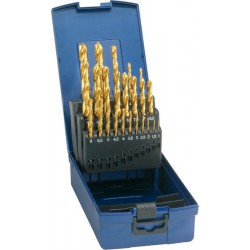 Jeu de forets hélicoïdaux, coffret plastique, acier à coupe rapide, type N, DIN 338, revêtement TiN, Ø h8 : 1,00-13,00 mm, Nombre de forets 25 pièces