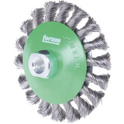 Brosse conique, fil d'acier inoxydable, torsadé, Ø de la brosse : 115 mm, Epaisseur du fil 0,50 mm, Larg. : de travail 15 mm, Vitesse maxi. : 12500 tr/mn