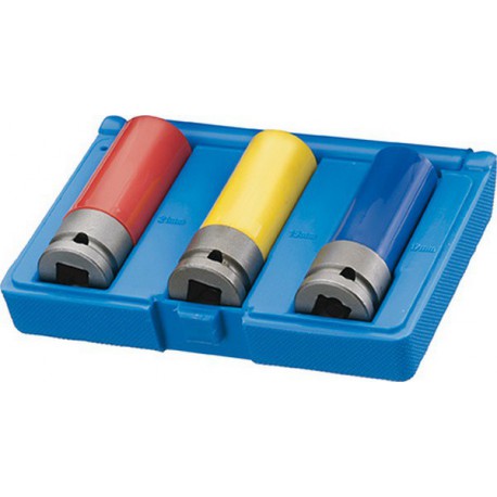 Garniture de douilles à choc 1/2'', avec manchon de protection, Quantité : 3 pièces, Contenu 17 (bleu) 19 (jaune) 21 (rouge) mm