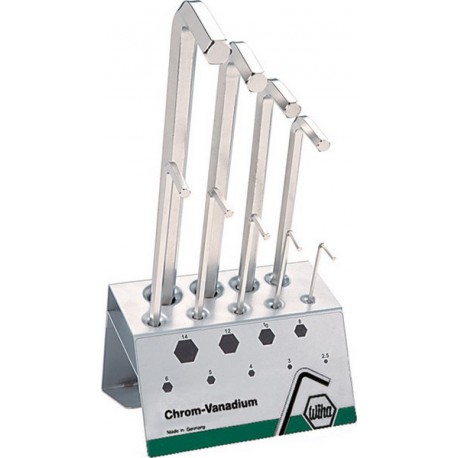 Jeu de clés coudées à 6 pans, modèle long, 9 pièces, nickelé, sur présentoir d'atelier, Contenu : 2,5 3 4 5 6 8 10 12 14 mm