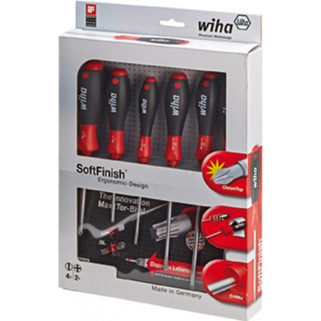 Jeu de tournevis avec poignée multi-composants, SoftFinish®, fente/PZ, 6 pièces