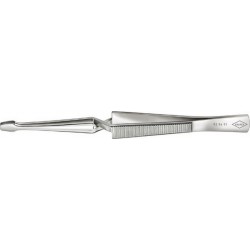 Brucelles à becs croisés, Pointes : droit, trapézoïdal, Surfaces de préhension denture fine, Surface nickelé, poignées cannelées, Long. : 160 mm