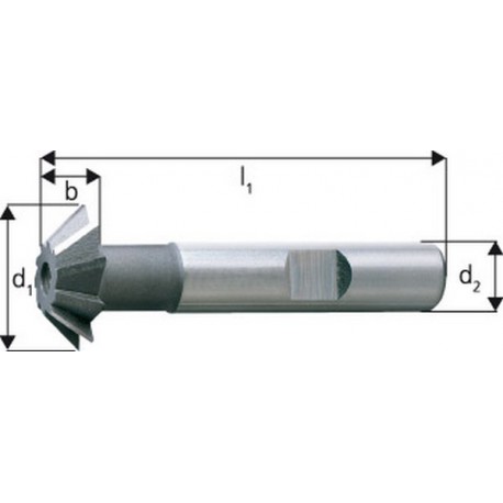 Fraise conique, forme D, 45°, Ø d1 - js16 : 20,0 mm, Long. totale l1 63 mm, Hauteur de coupe b - js 14 5,0 mm, Ø queue d2 - h6 : 12 mm, Dents : 8