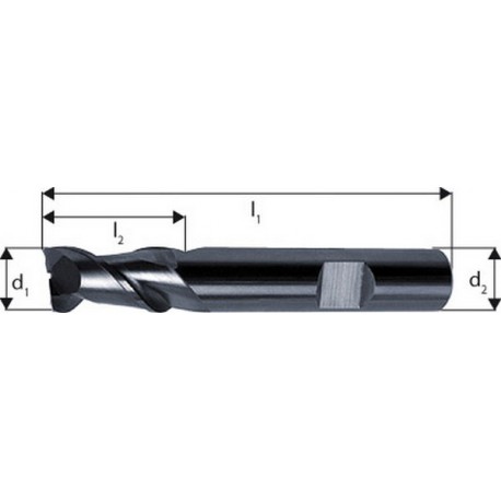 Fraise cylindrique courte, 2 dents, en carbure monobloc pour l'aluminium, Ø d1 - h10 : 6,0 mm, Long. totale l1 54 mm, Long. coupe l2 7 mm