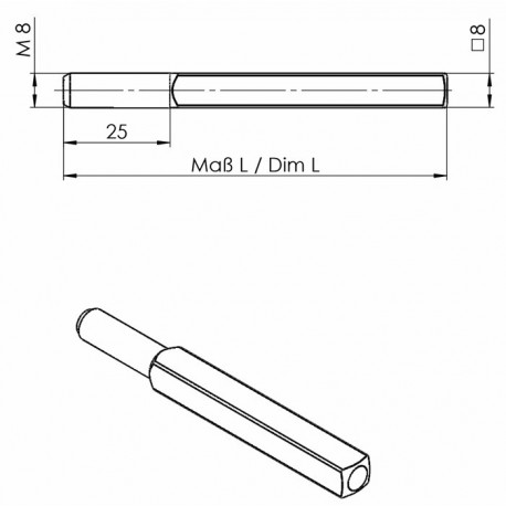 Axe de porte OGRO 115 carré 8 x 105 mm acier M8 OGRO