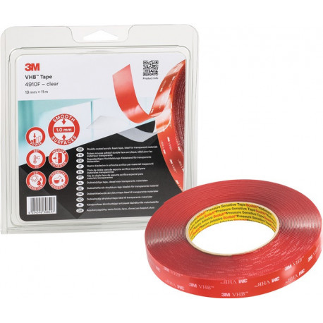 Bande adhésive de montage VHB Tape 4910F transparent longueur 11 m largeur 19 mm rouleau 3M