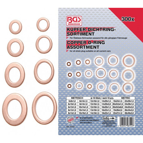 Assortim. de bagues d'étanchéité cuivre 300 pièces BGS