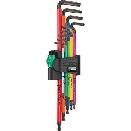 Jeu de clés mâles coudées 967/9 TX XL 9 pcs. T8-T40 codé couleur, long support en plastique WERA