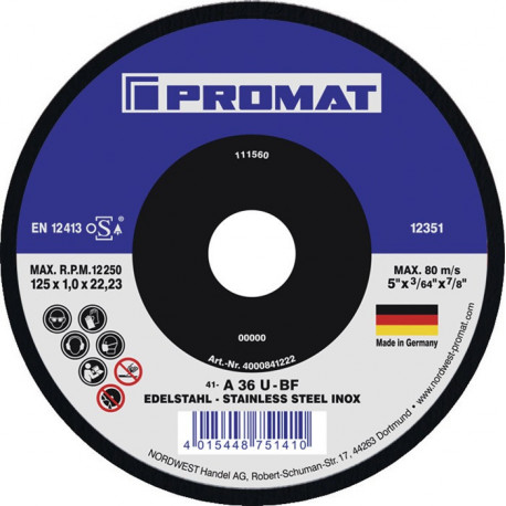 Disque à tronçonner D115x1 mm droit grain céramique perçage 22,23 mm PROMAT (Par 25)