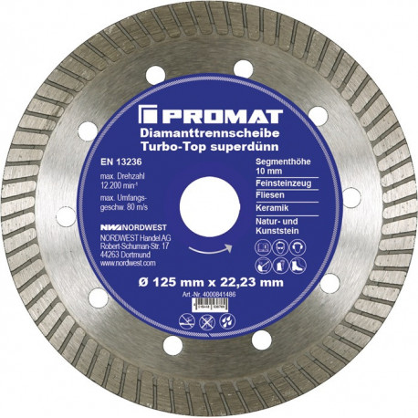 Disque à tronçonner diamant Turbo-Top D. 115 mm perçage 22,23 mm super mince 10 mm PROMAT