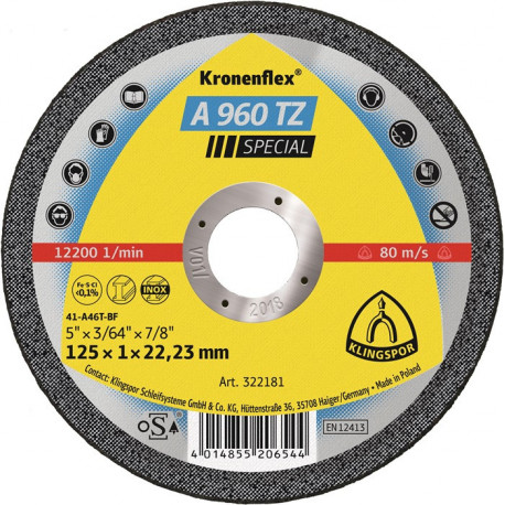 Disque à tronçonner A 960 TZ Special D125x1 mm droit INOX perçage 22,23 mm KLING (Par 25)