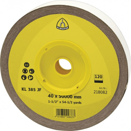Rouleau de tissu abrasif KL 385 JF 115 mm granulation 120 pour métal corindon KL