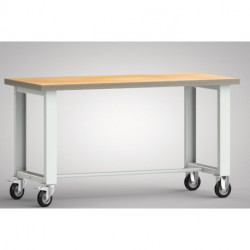 Établi l.1500xP700xH840 mm hêtre Multiplex gris clair, RAL 7035 roul. fixes+pivot., caout. pl. D. 125 mm KLW-LUTZ