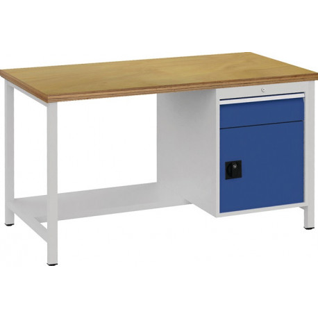 Établi gris clair, RAL 7035 bleu séc., RAL 5005 l.1500xH859xP750 mm hêtre Multiplex 40 mm 1 tiroir 1 porte