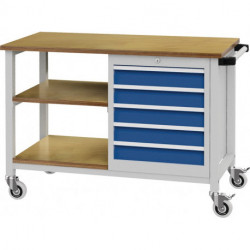 Établi l.1200xP540xH880 mm hêtre Multiplex gris clair/bleu de sécurité 5 tiroirs