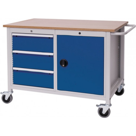 Établi l.1250xP750xH935 mm hêtre Multiplex gris clair/bleu de sécurité 3 tiroirs 1 porte