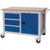 Établi l.1250xP750xH935 mm hêtre Multiplex gris clair/bleu de sécurité 3 tiroirs 1 porte