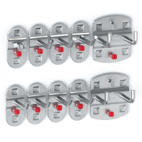 Assortiment de porte-outils 10 pièces revêtu plastique pour panneaux perforés 7 croch./2 croch. d./1 pince à outil 1 Pince à outil