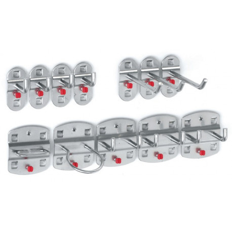 Assortiment de porte-outils 12 pièces revêtu plastique pour panneaux perforés 9 crochets divers/3 crochets doubles