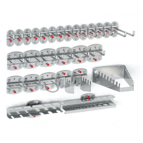 Assortiment de porte-outils 28 pièces revêtu plastique pour panneaux perforés 14 croch./6 croch. double/8 supports div div.support