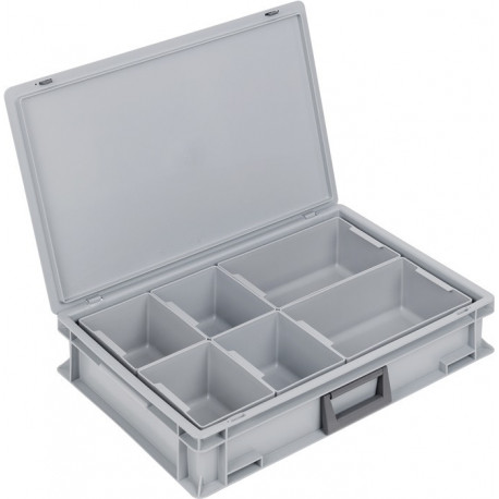 Coffrets en plastique L600xl400xH133 mm PP 1 poignée 6 boîtes compart.+fermoir couliss. gris 24 l LOCKWEILER
