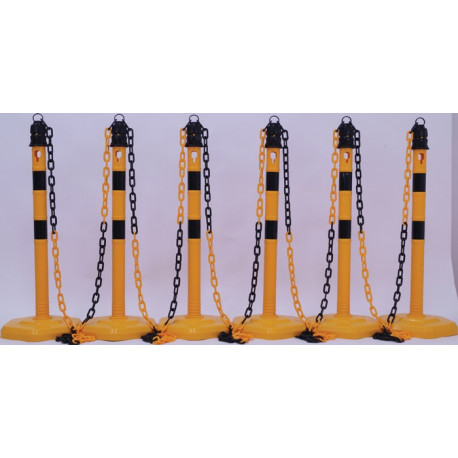 Ensemble de potelets de blocage PU jaune/noir avec pied 6 pans D63xH1000 mm 6 poteaux et 5 chaînes