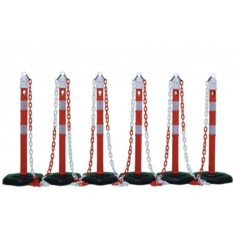 Ensemble de potelets de blocage PP rouge/blanc avec pied 6 pans D63xH1000 mm 6 poteaux et 5 chaînes