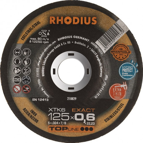 Disque à tronçonner XTK6 EXACT D125x0,6mm INOX Al. 22,23mm RHODIUS (Par 50)