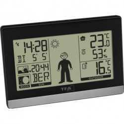 Station météo sans fil Weather Boy H97xL145xP39mm plastique noir / argent pour intérieur et extérieur La figure météo donne une recommandation de vêtements TFA