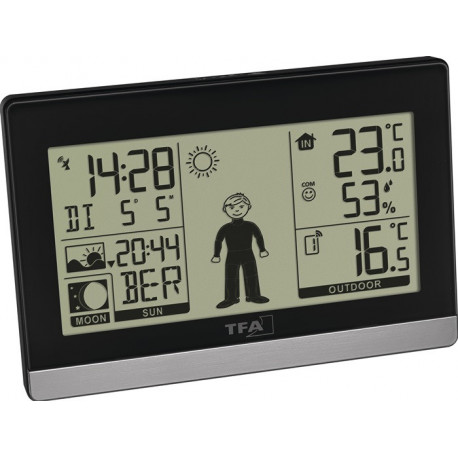 Station météo sans fil Weather Boy H97xL145xP39mm plastique noir / argent pour intérieur et extérieur La figure météo donne une recommandation de vêtements TFA