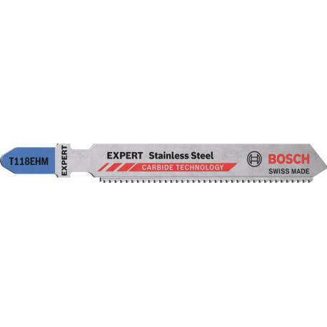 Lame de scie sauteuse Inox T 118 EHM longueur totale 83 mm pas de dent 1,4 mm tôles inox 3 pièces/carte BOSCH