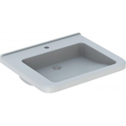 Lavabo Geberit Renova Comfort Square, adapté PMR, 65x55cm, troude robinetterie au centre, sans trop-plein, Blanc