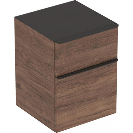 Meuble latéral bas Geberit Smyle Squareavec deux tiroirs: Largeur 45cm, Hauteur 60cm, Profondeur 47cm, Noyer Carya/mélamine structuré bois, gris velouté / thermopoudré mat