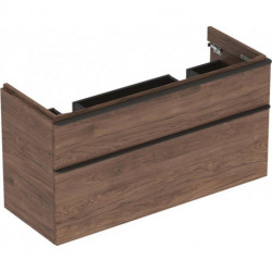 Meuble bas Geberit Smyle Square pour lavabo double,avec deux tiroirs: Largeur 118.4cm, Hauteur 61.7cm, Profondeur 47cm, Noyer Carya/mélamine structuré bois, gris velouté / thermopoudré mat