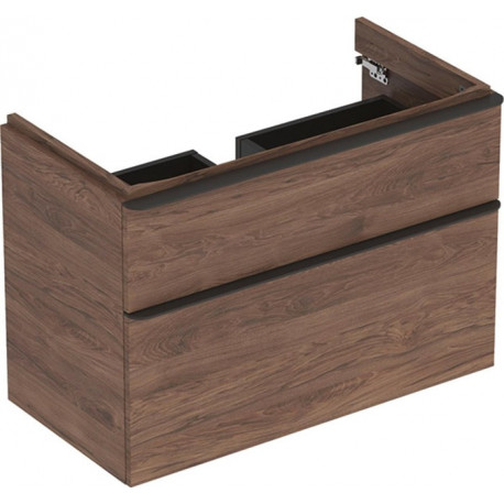 Meuble bas Geberit Smyle Square pour lavabo,avec deux tiroirs: Largeur 88.4cm, Hauteur 61.7cm, Profondeur 47cm, Noyer Carya/mélamine structuré bois, gris velouté / thermopoudré mat